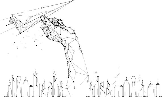 Ilustração de rede de conexões formando uma mão sobre um skyline urbano, representando engenharia e tecnologia